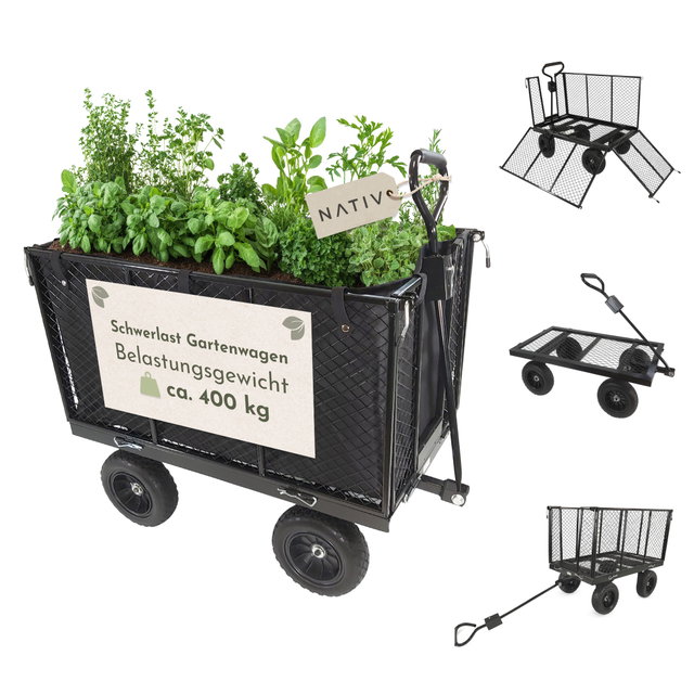 Schwerlast Gartenwagen aus Stahl mit Gummireifen und Klappseiten, 400 kg